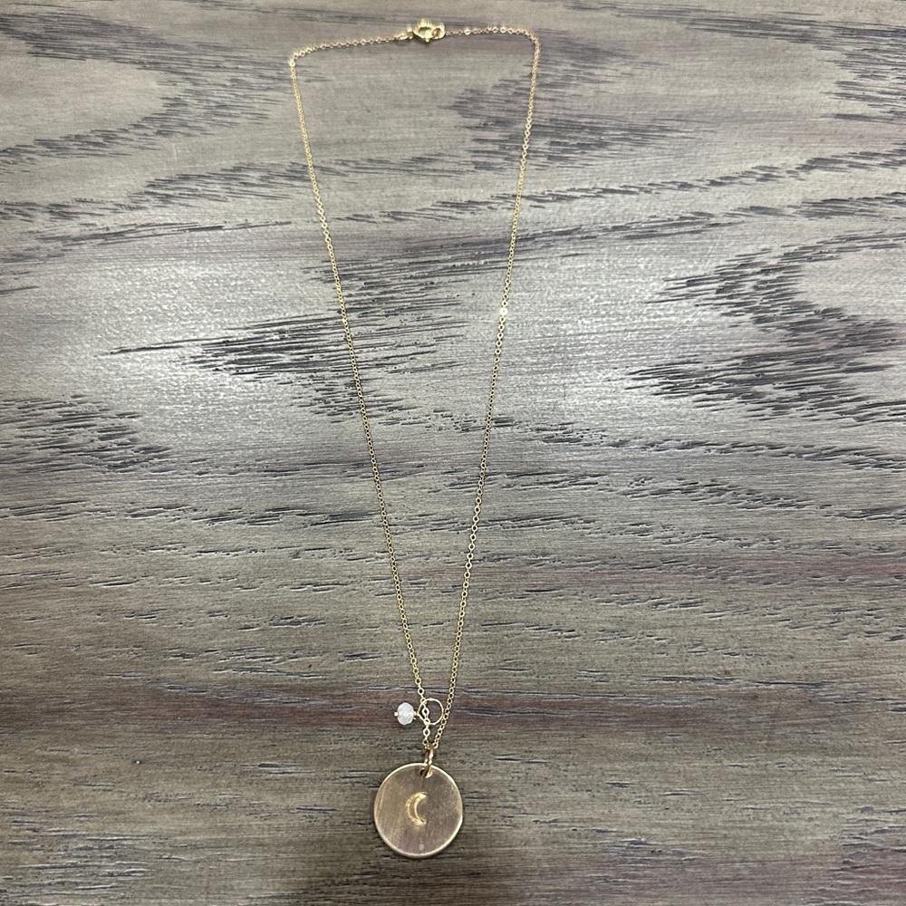 Gold Moon Stamped Circle Tag Necklace
